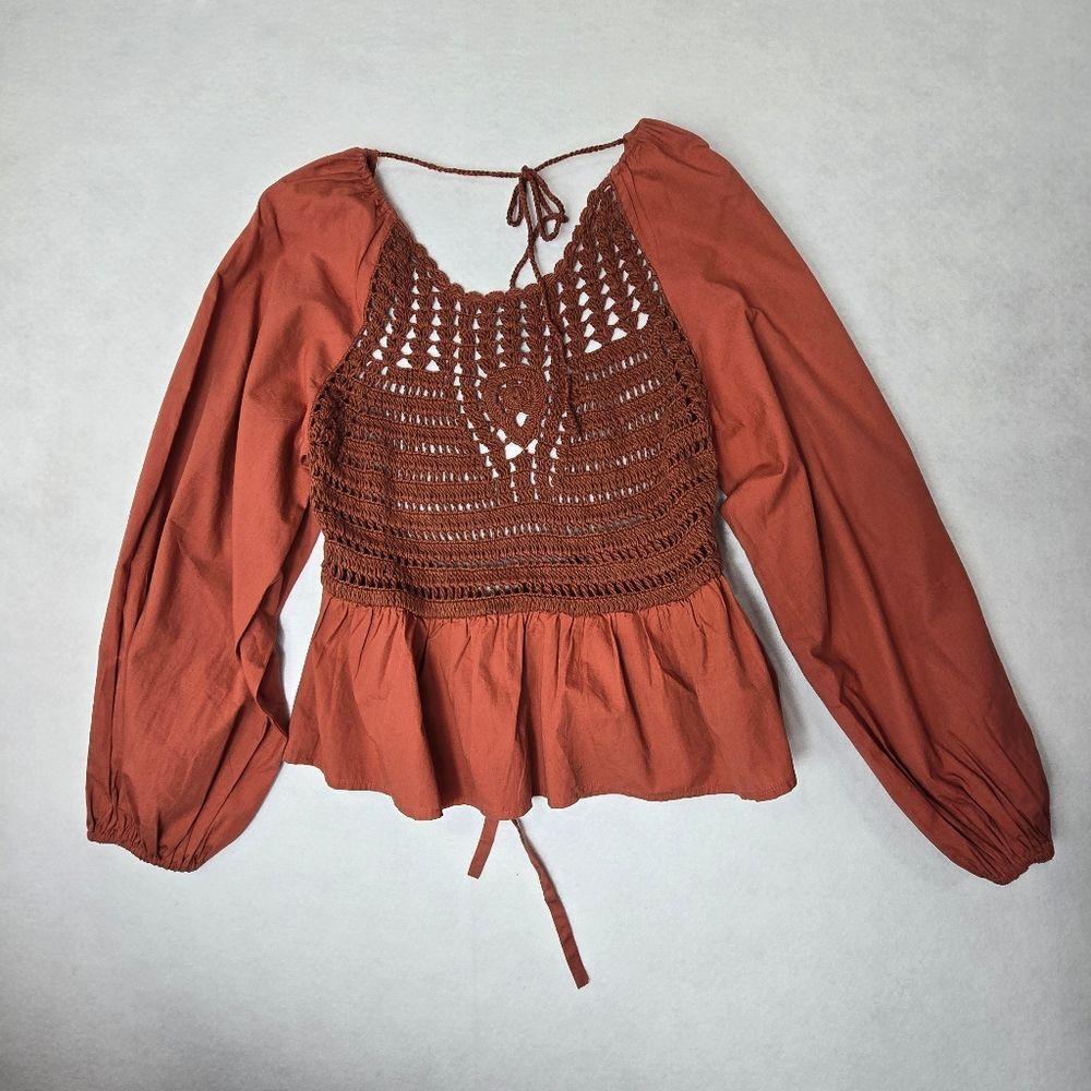 Asos Women's Rust Crochet Peasant Top NWOT